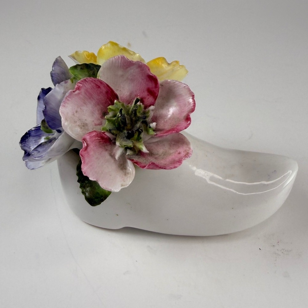 Jon Anton Bone China Floral Shoe Figurine England White Pink Yellow Purple 3.5"